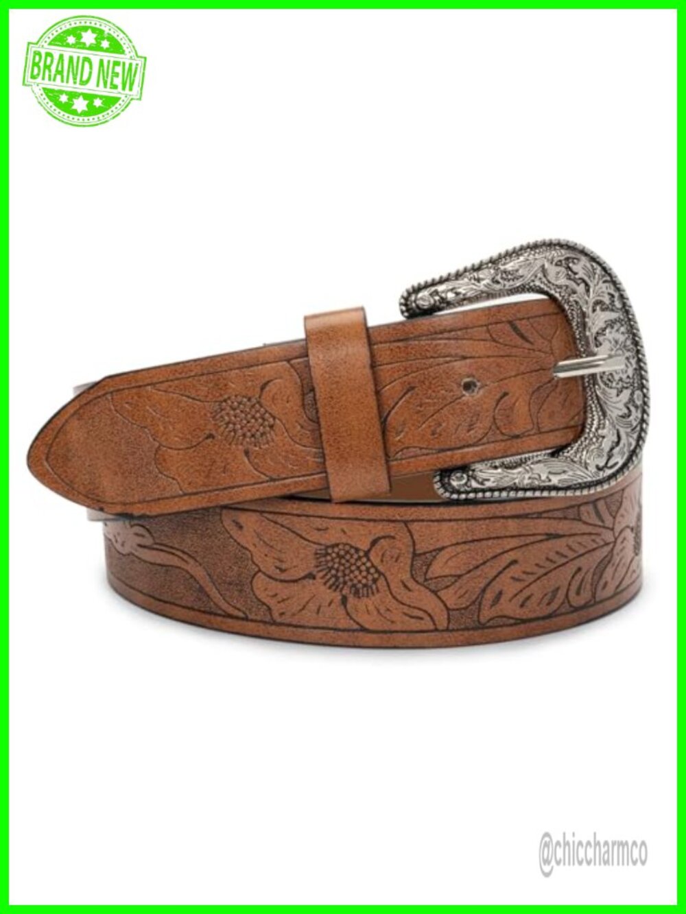 Women's Western PU Leather Belt with Floral Carved Buckle